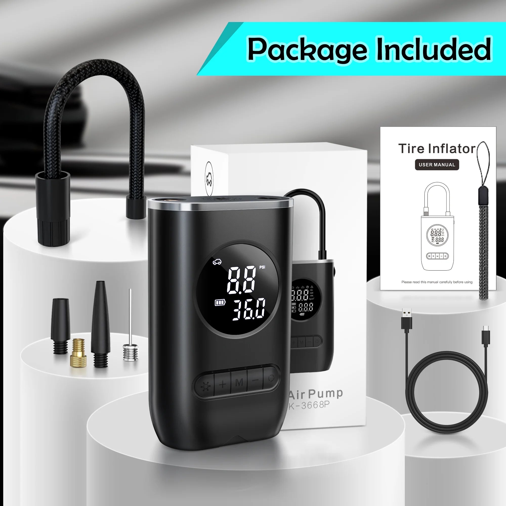 Portable Tire Inflator and Air Compressor, 150PSI Cordless Pump with Digital Pressure Gauge, Rechargeable with LED Light for Cars, Bikes, Motorcycles, and Sports Equipment