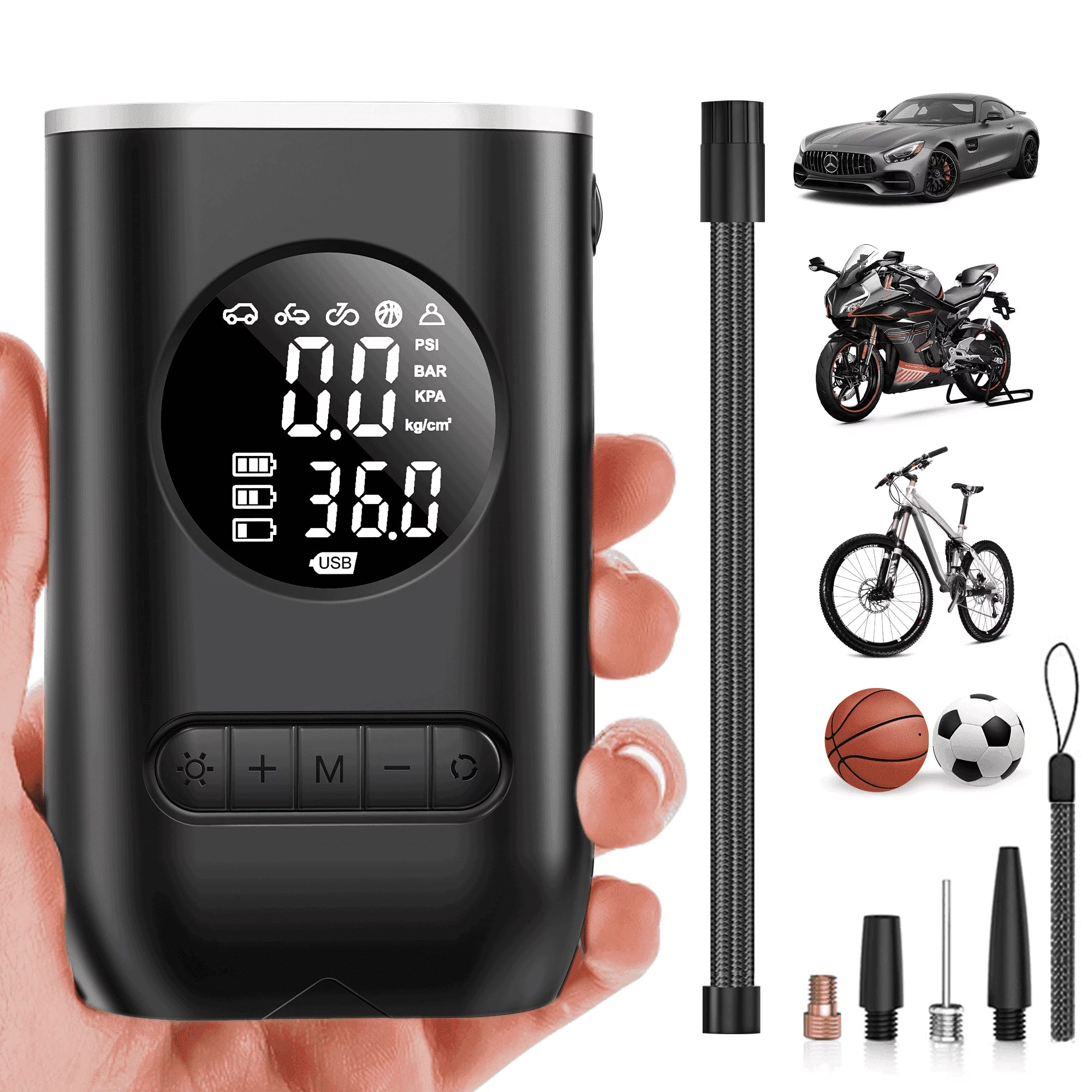 Portable Tire Inflator and Air Compressor, 150PSI Cordless Pump with Digital Pressure Gauge, Rechargeable with LED Light for Cars, Bikes, Motorcycles, and Sports Equipment