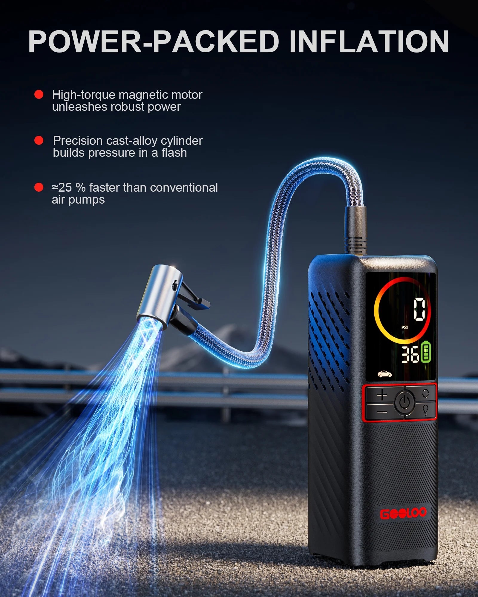 GT160 Cordless Tire Inflator - 160 PSI Portable Air Compressor with 7500mAh Battery, Auto Shutoff, and LED Digital Pressure Display for Cars, Bikes, Balls, and Motorcycles