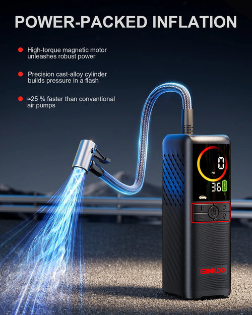 GT160 Cordless Tire Inflator - 160 PSI Portable Air Compressor with 7500mAh Battery, Auto Shutoff, and LED Digital Pressure Display for Cars, Bikes, Balls, and Motorcycles