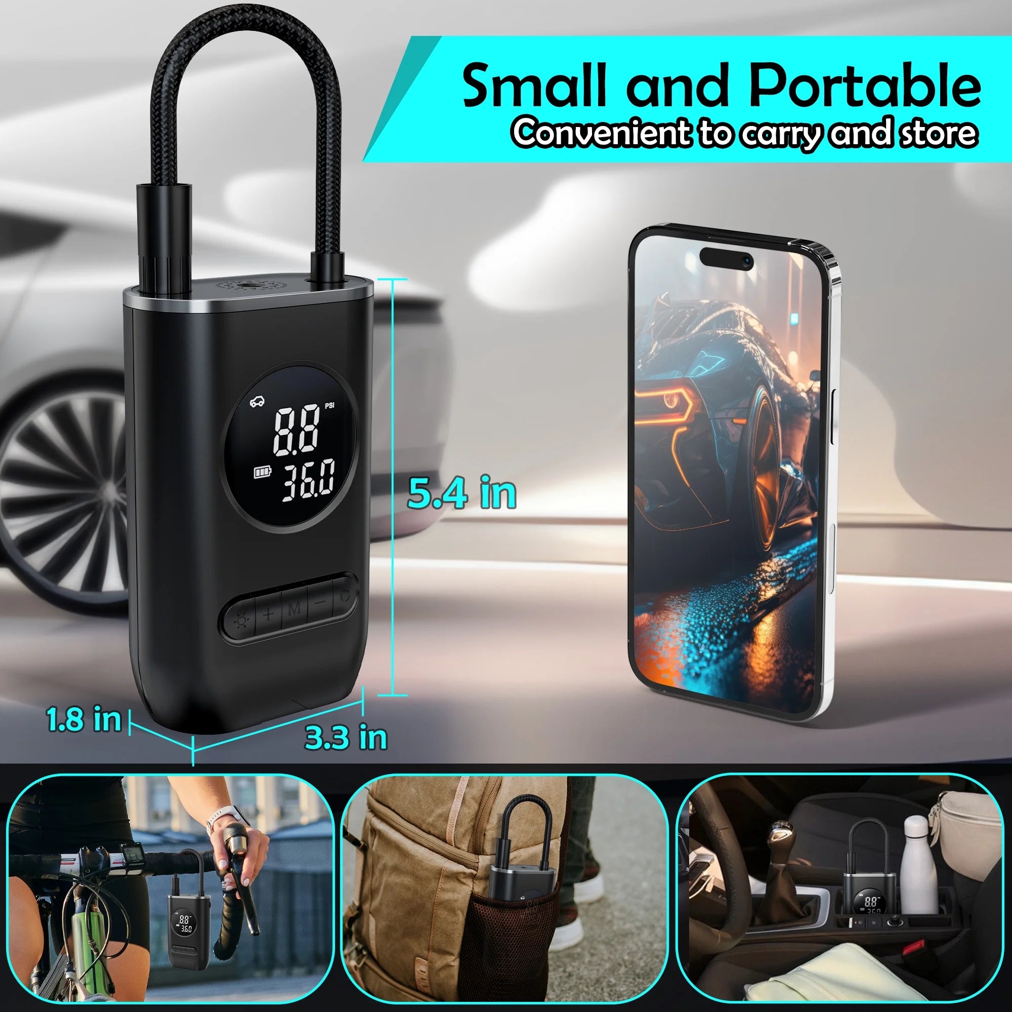 Portable Tire Inflator and Air Compressor, 150PSI Cordless Pump with Digital Pressure Gauge, Rechargeable with LED Light for Cars, Bikes, Motorcycles, and Sports Equipment
