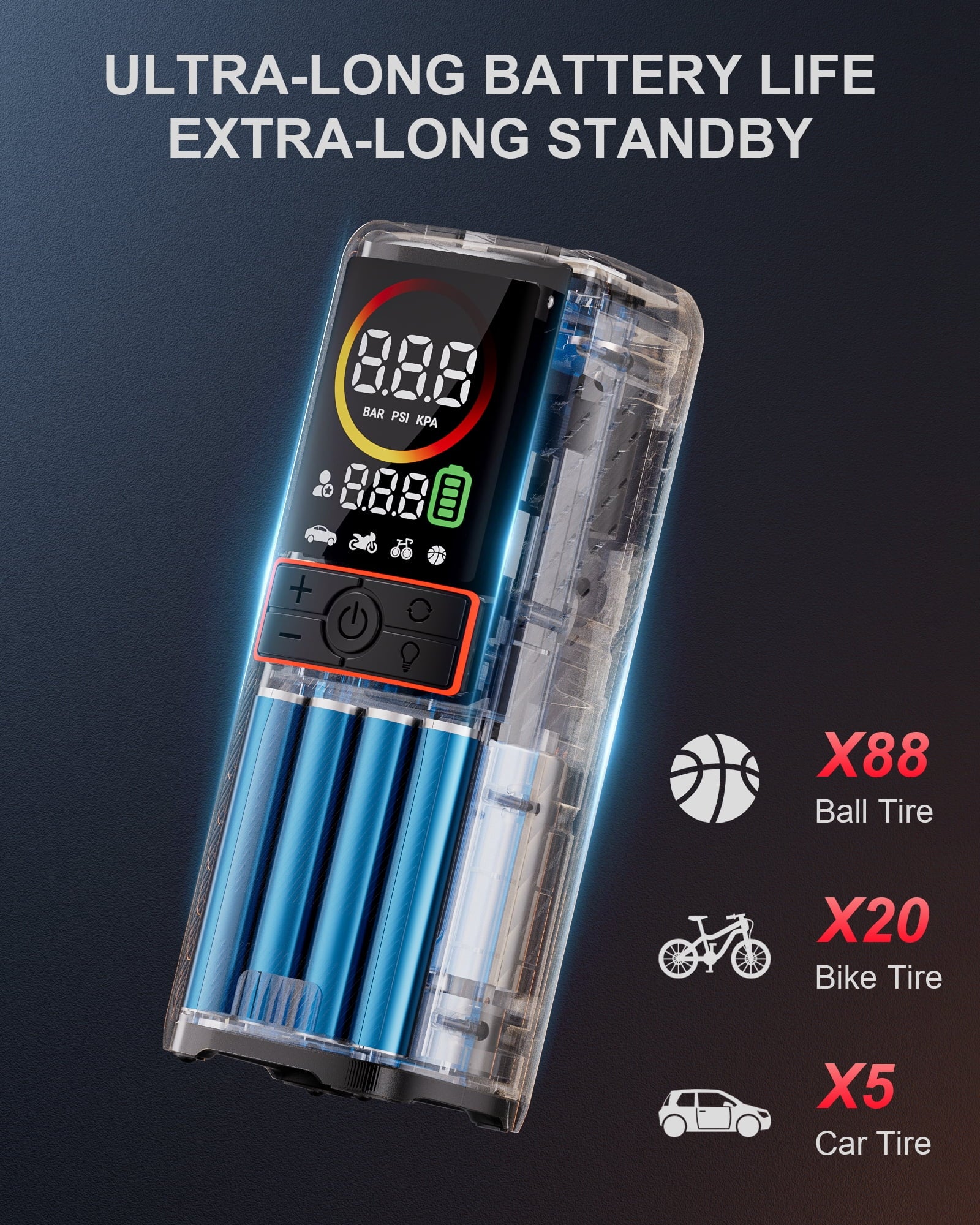 GT160 Cordless Tire Inflator - 160 PSI Portable Air Compressor with 7500mAh Battery, Auto Shutoff, and LED Digital Pressure Display for Cars, Bikes, Balls, and Motorcycles