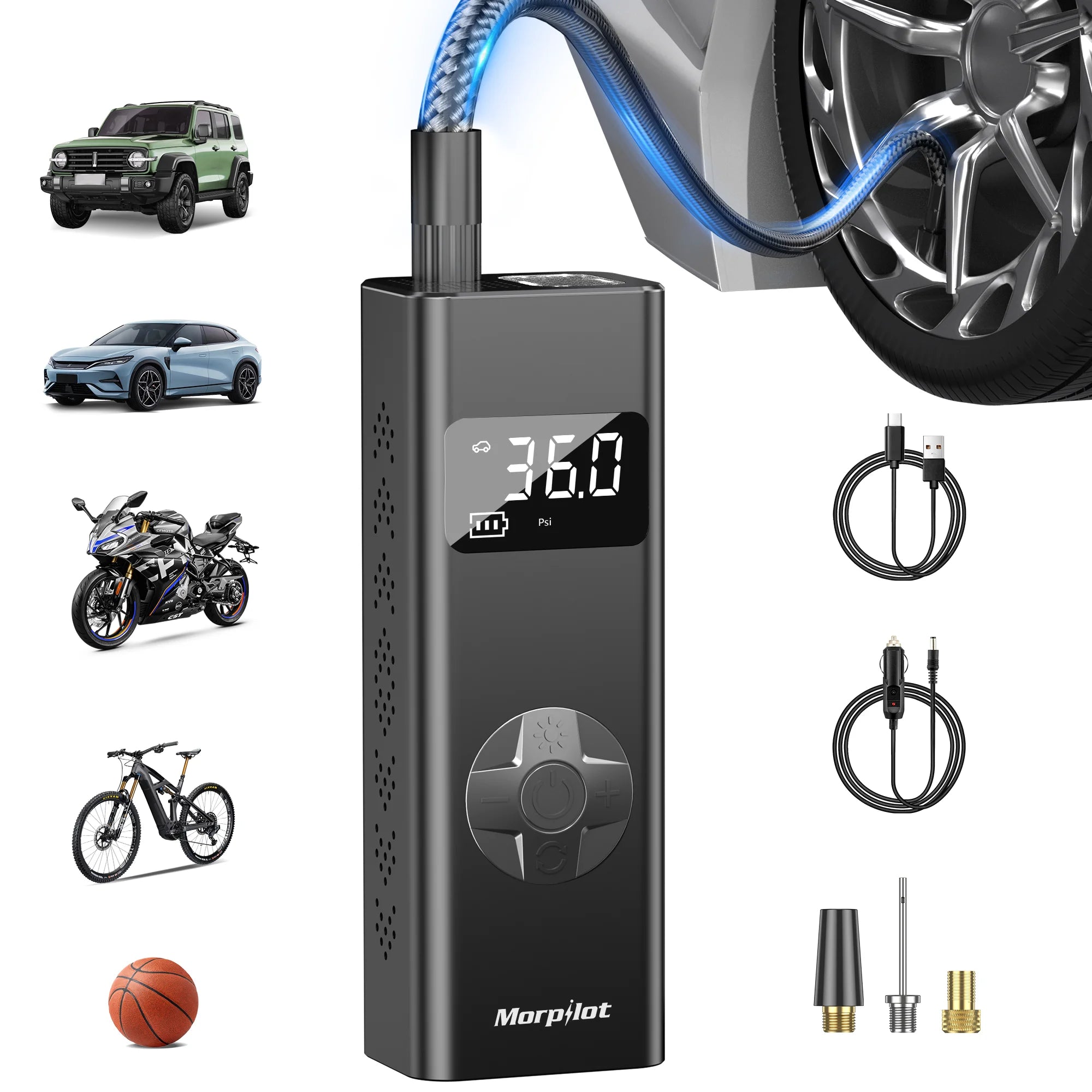 Portable Tire Inflator and Air Compressor, 3-150 PSI 12V DC Electric Pump with Tire Pressure Gauge and LED Light for Cars, SUVs, ATVs, Motorcycles, and Bicycles