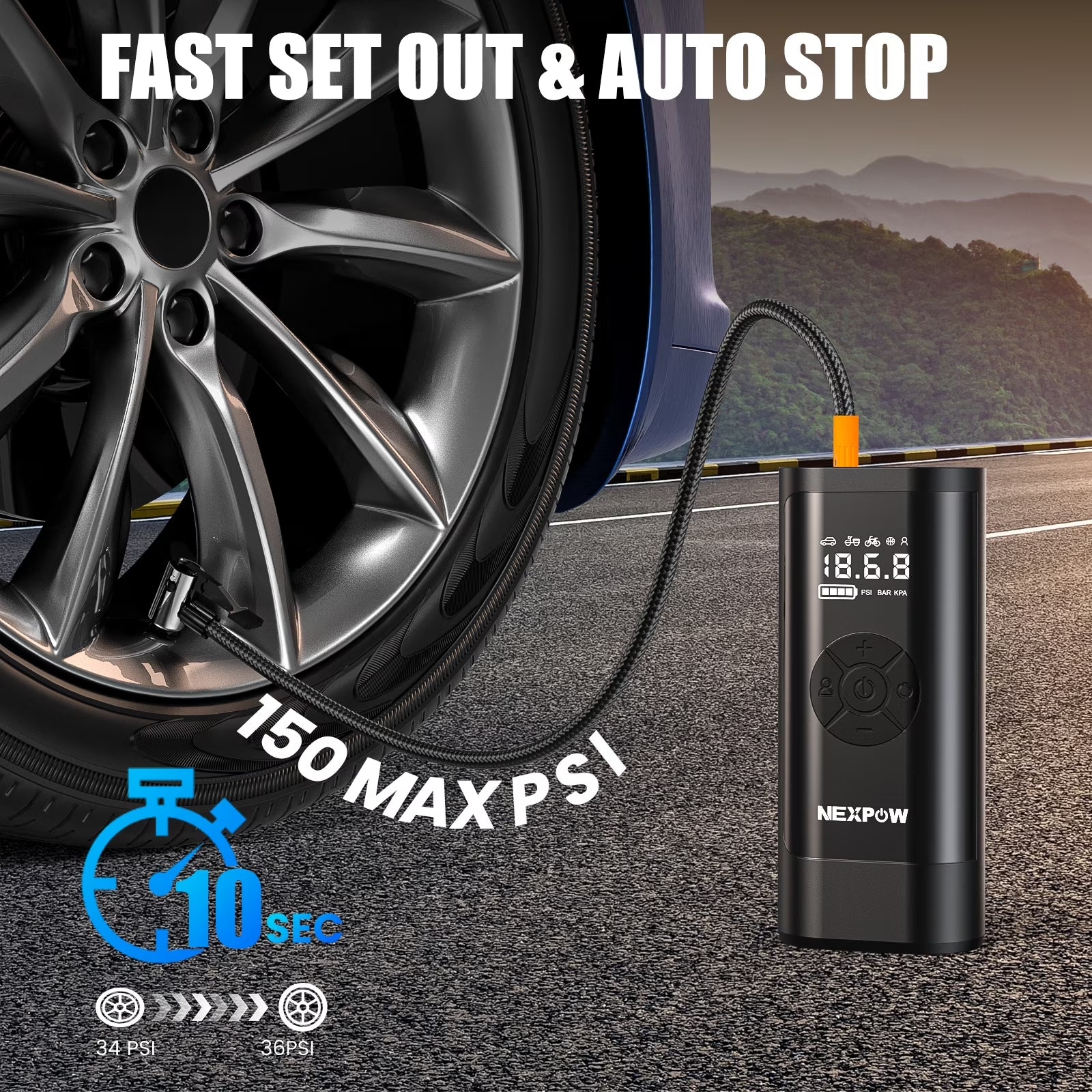 Tire Inflator Portable Air Compressor, 150PSI Cordless Bike Tire Pump with Auto-Shuts Off, 8000Mah Air Pump for Car Tires for Car, Bike, Ball