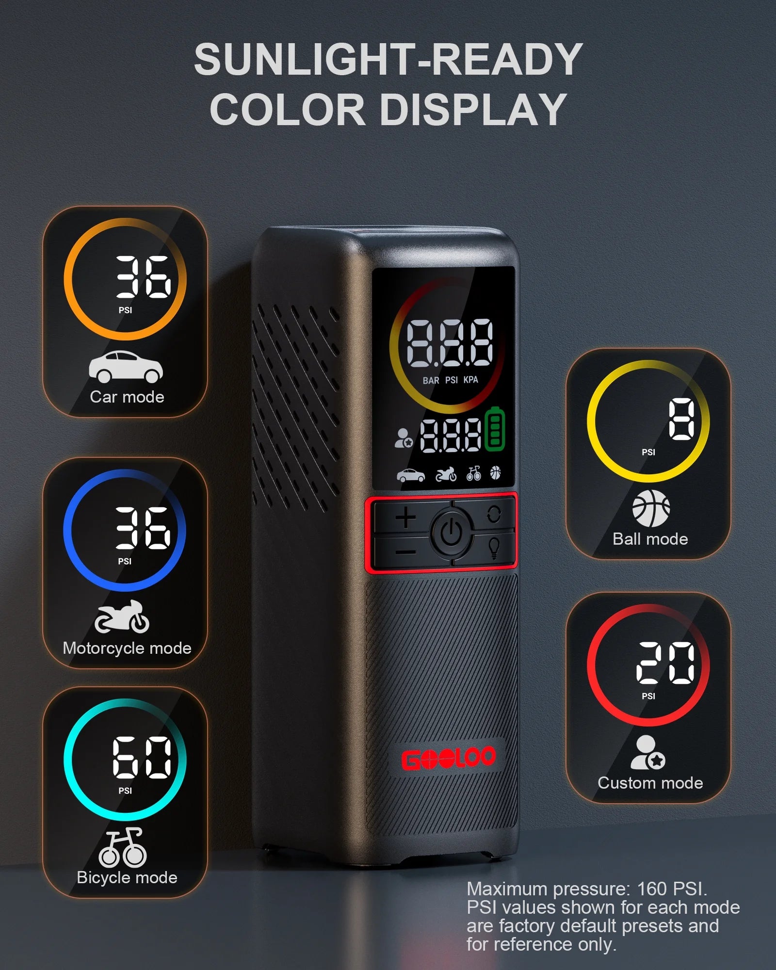 GT160 Cordless Tire Inflator - 160 PSI Portable Air Compressor with 7500mAh Battery, Auto Shutoff, and LED Digital Pressure Display for Cars, Bikes, Balls, and Motorcycles