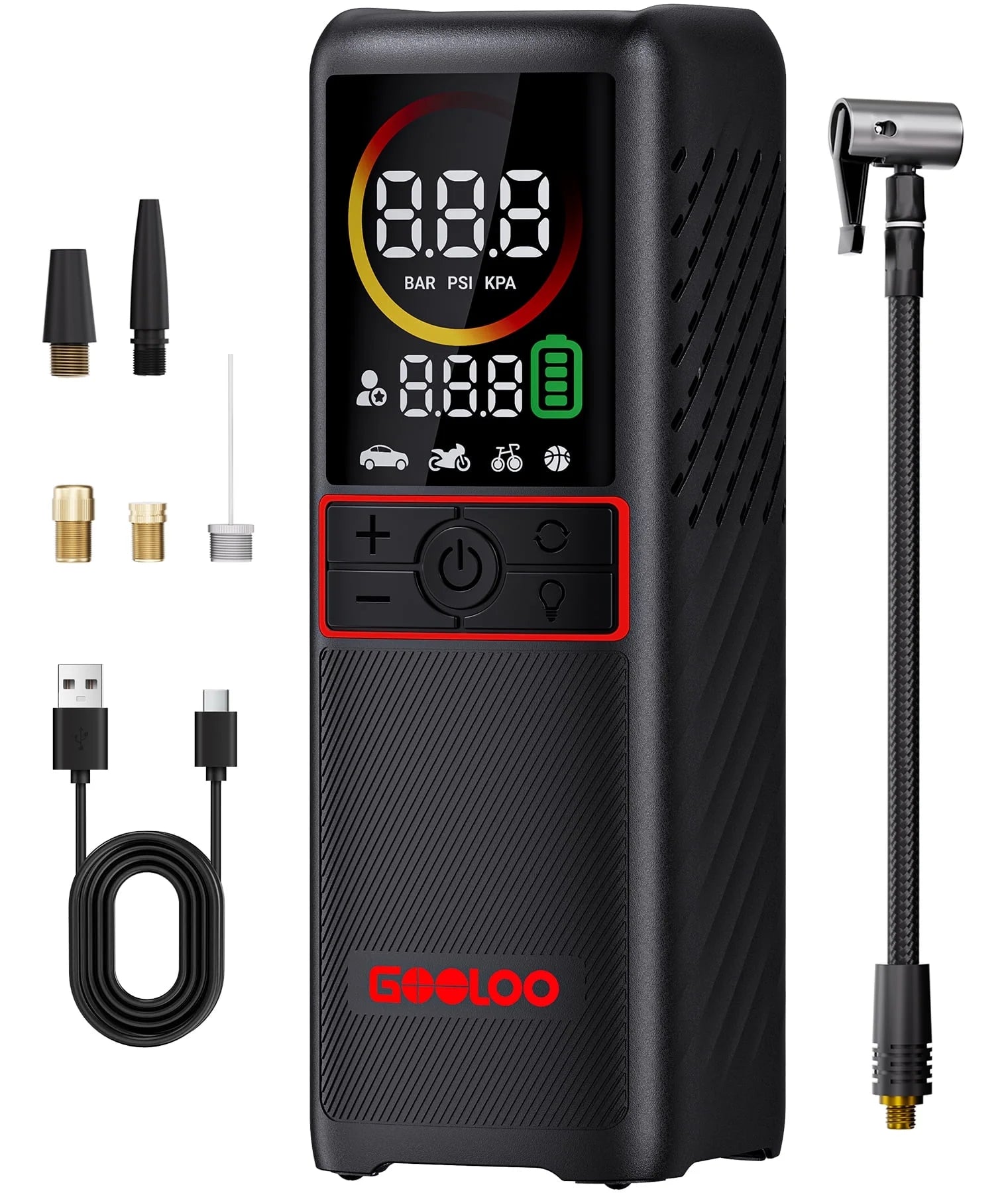 GT160 Cordless Tire Inflator - 160 PSI Portable Air Compressor with 7500mAh Battery, Auto Shutoff, and LED Digital Pressure Display for Cars, Bikes, Balls, and Motorcycles